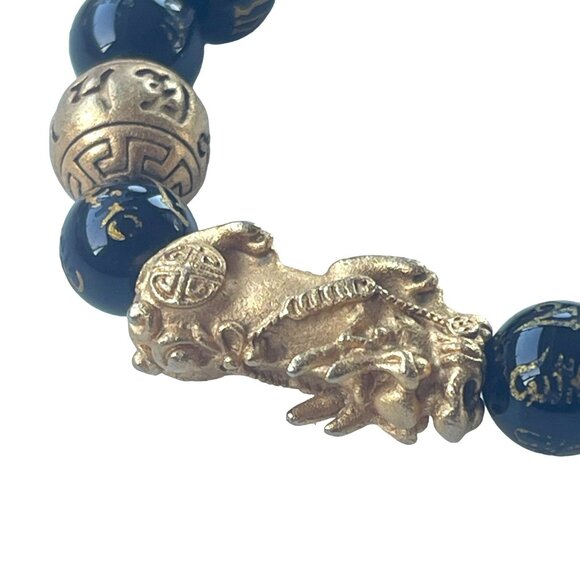 Feng Shui Black Obsidian Bead Bracelet with Gold Pixiu Charm for Protection and - Picture 5 of 6